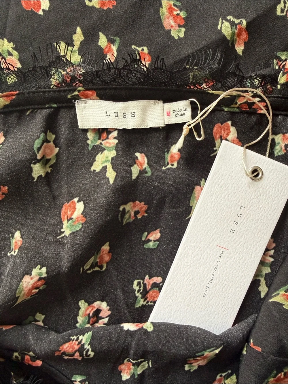 Lush Floral Lace Trim Satin Slip Dress Black Rose Print Mini Dress Medium NWT - Picture 4 of 5
